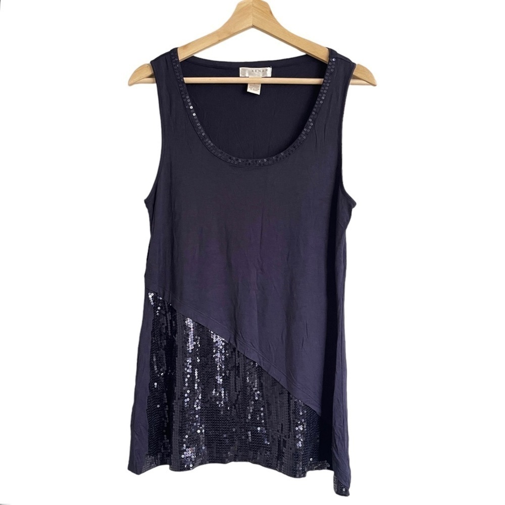 Kenar Navy Blue Geometric Sequin Pattern‎ Scoop Neck Sleeveless Long Tank Top